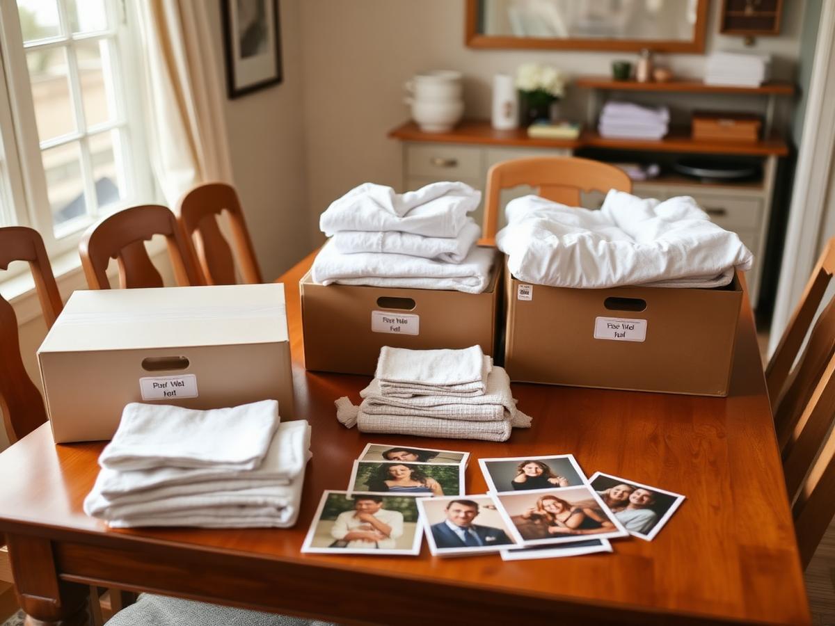 Carefully sorted family belongings ready for donation